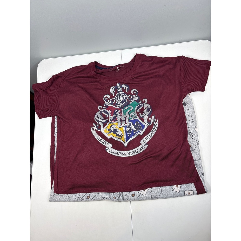 Harry Potter Womens Pajama Set Burgundy Hogwarts Crest Hedwig Grey Pants L 12-14